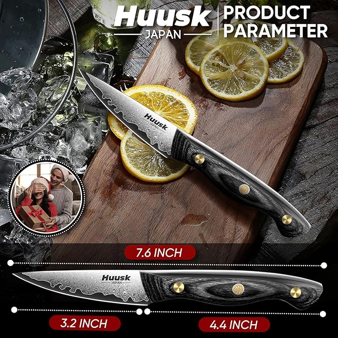 Huusk Damascus Paring Knife, 3 Inch Japanese VG10 Fruit Knives, Small Kitchen Knives for Precision Cutting, Full Tang Peeling Knives with Wooden Handle Coring, Trimming, Birthday Dad Mom Gift