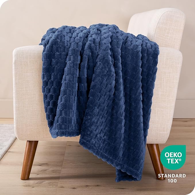 Bare Home Textured Fleece Blanket - Throw/Travel - Ultra-Soft Lightweight for Bed, Sofa, and Couch - Luxury Microplush - Cozy Warm Blanket (Throw/Travel, Waffle Dark Blue)