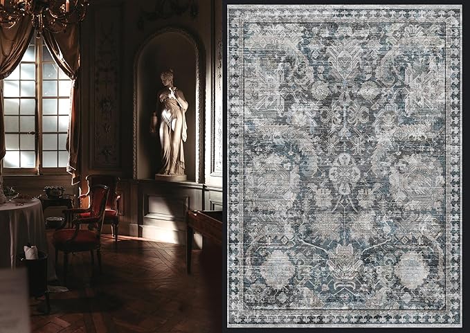 RUGSURE Washable Area Rugs - Perfect for Living Room, Bedroom, Kids Room, Nursery - Stain & Water Resistant Non-Slip, Pet & Child Friendly, Vintage Tribal Area Rugs (Grey and Blue, 3' x 5 ')