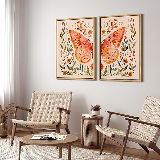 SIGNFORD Framed Canvas Print Wall Art Set Whimsical Butterfly and Florals Colorful Nature Illustration Modern Art Decorative Nordic Nature for Living Room, Bedroom, Office - 24"x36"x2 Natural