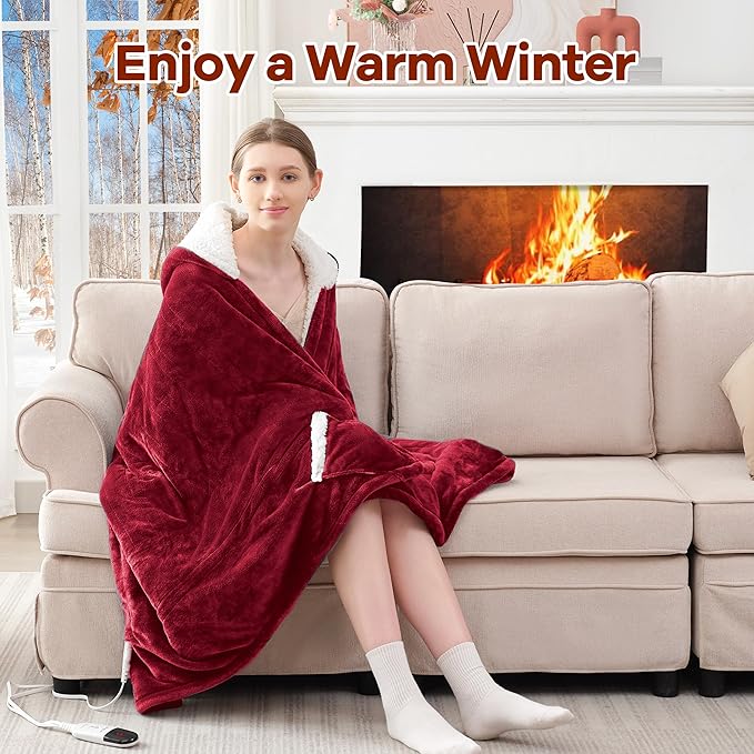 Heated Blanket Wearable Electric Blanket with Hood and Pockets, Heating Throw Blanket, Electric Heated Wrap Shawl with 6 Heating Levels Setting & 4 Hours Auto Shut Off, Machine Washable(Shrot, Wine)