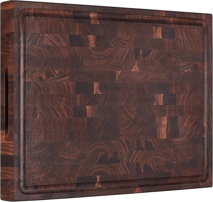 AZRHOM Large End Grain Walnut Wood Cutting Board 17x13x1.5 in Thick Butcher Block for Kitchen with Non-slip Mats Juice Groove & Handles (Gift Box)