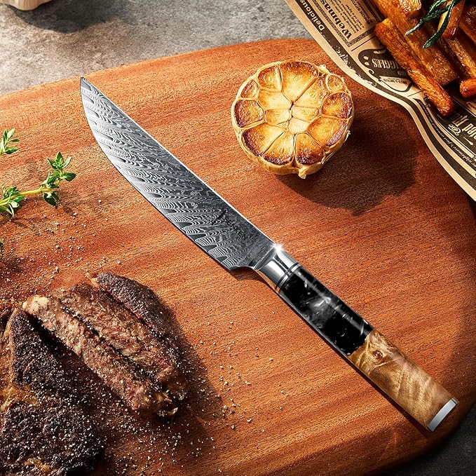 SENKEN Damascus Steak Knife Set - Black Tsunami Collection - 67-Layer Japanese VG10 Steel - Razor Sharp Non-Serrated Blades, Black Resin & Burl Wood Handles, Luxury Gift Box