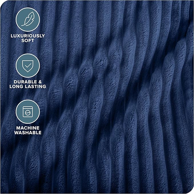 Bare Home Textured Fleece Blanket - Throw/Travel - Ultra-Soft Lightweight for Bed, Sofa, and Couch - Luxury Microplush - Cozy Warm Blanket (Throw/Travel, Ribbed Dark Blue)