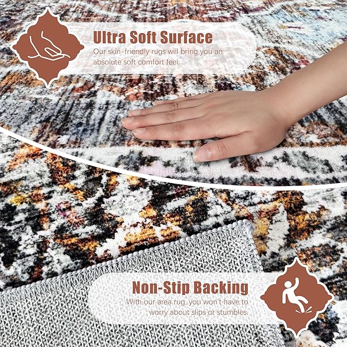 6' x 9' Washable Area Rug - Low Pile Soft Vintage Indoor Rug for Living, Dining or Bedroom - Lightweight Carpet with Non-Slip Backing - Foldable for Easy Placement, Multi