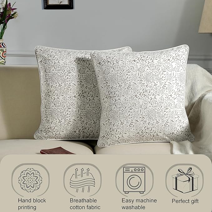 Ridhi Modern Farmhouse Pillow Covers Decorative Cotton Throw Pillow Covers Set of 2 Taupe Cushion Covers with Piping for Couch Sofa Bed Living Room Spring Home Decor 18x18