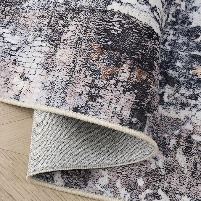 Rugcomf Modern Abstract Washable Rugs 8'x10' - Non-Slip Low Pile Area Rug, Large Boho Carpet for Living Room, Bedroom, Dining Room, Farmhouse, Kids Playroom, Office - Brown