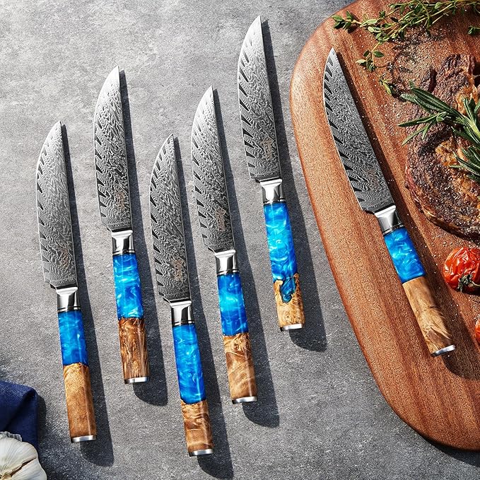 SENKEN Damascus Steak Knife Set - Tsunami Collection - 67-Layer Japanese VG10 Steel - Razor Sharp Non-Serrated Blades, Blue Resin & Natural Wood Pattern Handles, Luxury Gift Box (4 Steak Knife Set)