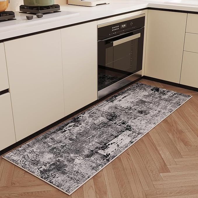 Rugcomf Runner Rug 2'6''x8' Hallway Washable Boho Soft Area Rug Abstract Pattern Non-Slip Faux Wool Vintage for Kitchen, Entryway, Laundry, Bedroom, Grey and Black