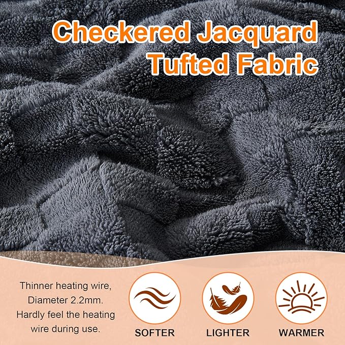Electric Heated Blanket Queen Size Dual Control - Jacquard Checkered Sherpa 84"x90" Fast Heating Bed Blankets with 6 Heating Levels & 10 Hours Auto Off, Over-Heat Protection ETL, Dark Gray