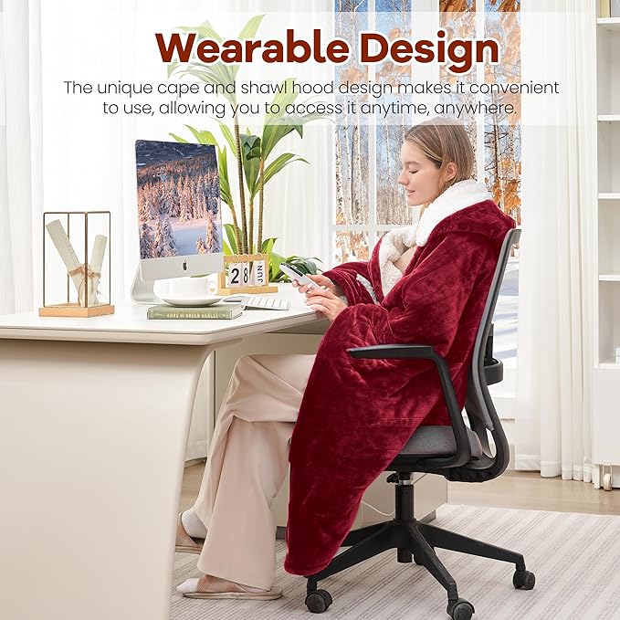 Heated Blanket Wearable Electric Blanket with Hood and Pockets, Heating Throw Blanket, Electric Heated Wrap Shawl with 6 Heating Levels Setting & 4 Hours Auto Shut Off, Machine Washable(Shrot, Wine)