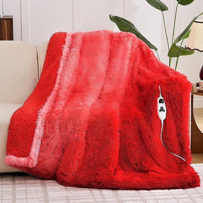 Heated Electric Blanket Twin,Warm Winter for Women Her Grandma–Faux Fur with Soft Sherpa,10 Heat Settings,5 Time Settings with Fast Heating,ETL 62x84, Ruby Wine