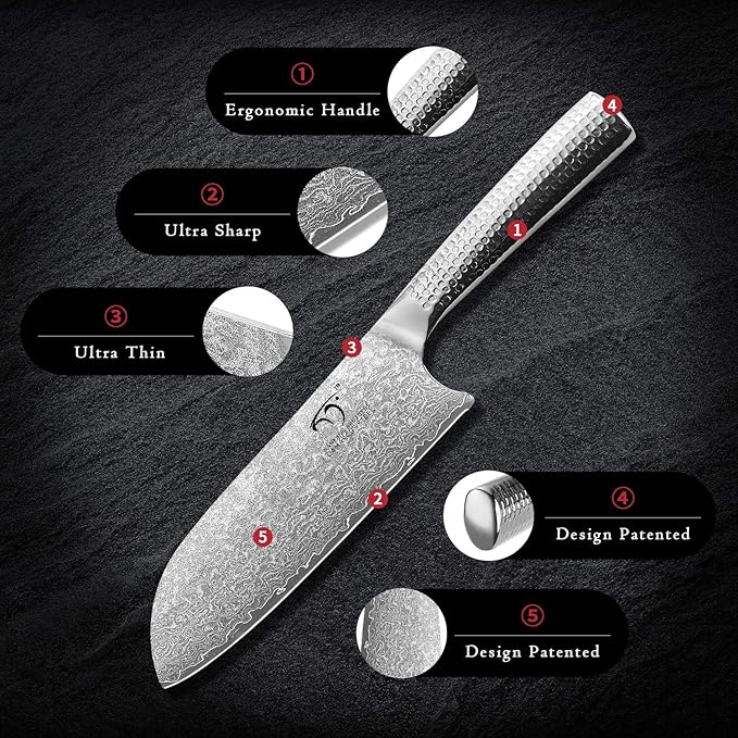 Damascus Steel Knife Set With Block - 3-Piece Kitchen Set Includes Chef, Santoku, Paring Knife - Stain & Rust Resistant