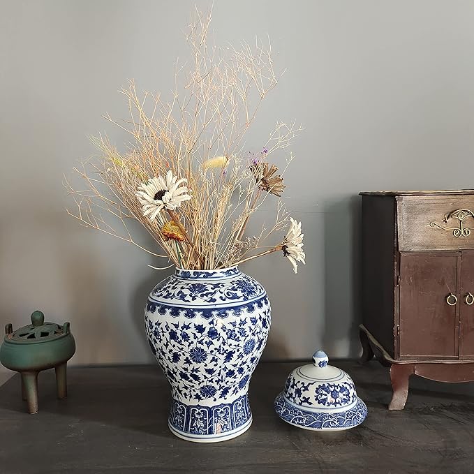 Chinese Decorative Ceramic Temple Jar Traditional Oriental Blue and White Porcelain Ginger Jar Vase with Lid,H12.20 inch
