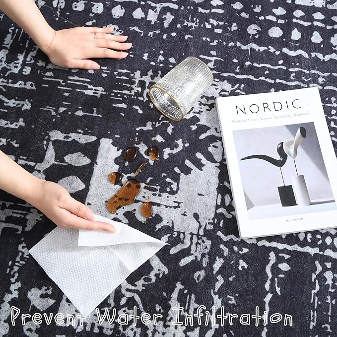 Rugcomf Area Rugs 8x10 Rug for Living Room Clearance Washable Boho Area Rug Non Slip Moroccan Vintage Low Pile Large Rug for Living Room, Bedroom, Farmhouse, Dining Room, Kids Playroom(Black)