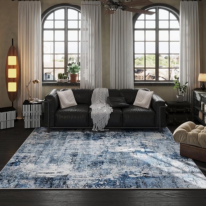 Rugcomf 8x10 Rug Washable Boho Rug Soft Large Area Rug Non-Slip Non-Shedding Faux Wool Vintage Rug for Living Room, Farmhouse, Dining Room, Indoor, Kids Playroom, Blue