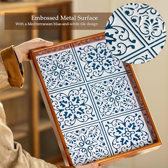 Rustic Wooden Frame Tray with Iron Printed Blue White Pattern, Mediterranean Style Decorative Serving Tray, Velvet Lined Base, Multi-Layer Construction for Home Decor and Organizing 15.6"x11.6"x2.2"