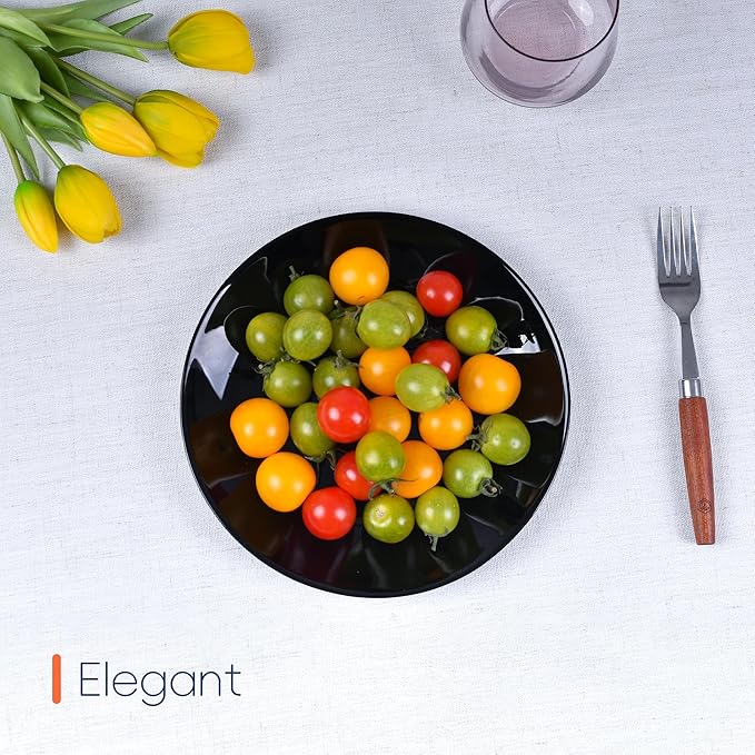 8.5 inch Salad Plate Set of 6, Lightweight Opal Glass Round Black Plates for Appetizer Dessert Kitchen, Dishwasher and Microwave Safe