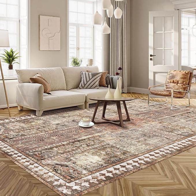 Vintage 5' x 7' Washable Area Rug - Stylish Indoor Rug for Living, Dining or Bedroom - Lightweight Carpet with Non-Slip Backing - Foldable for Easy Placement and Maintenance - Ivory