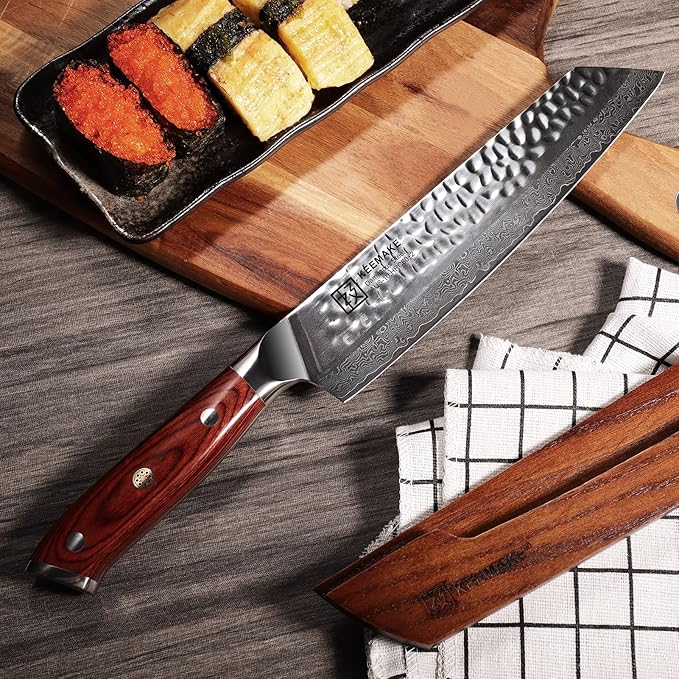 KEEMAKE Damascus Chef Knife 8 inch - Kiritsuke knife with Hammered Damascus Steel Blade Kitchen Knives, Pakkawood Handle Chopping Knife for Meat Cutting, w/Walnut Sheath