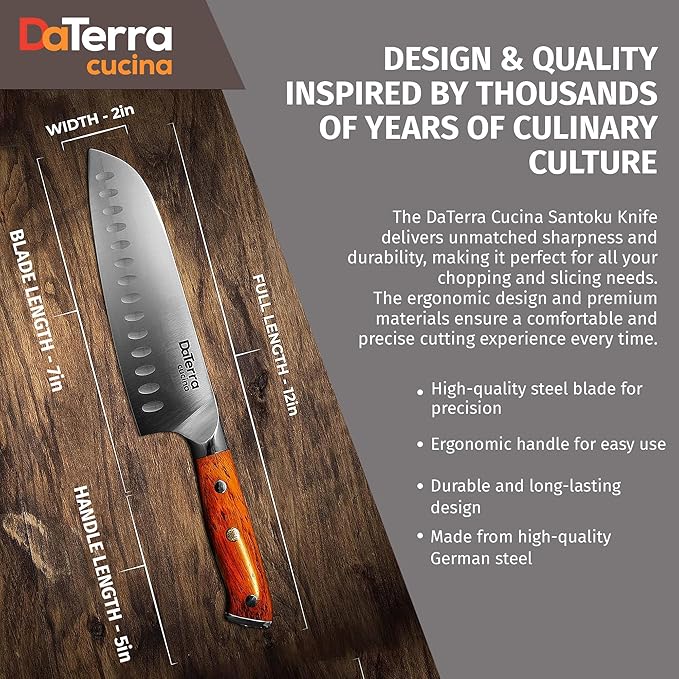 DaTerra Cucina - 7 Inch Santoku Knife – German Steel Professional Kitchen Knife with Ergonomic Rosewood Handle, Sharp, Durable, Rust Proof, Easy to Clean | Ideal for Chopping, Slicing & Dicing