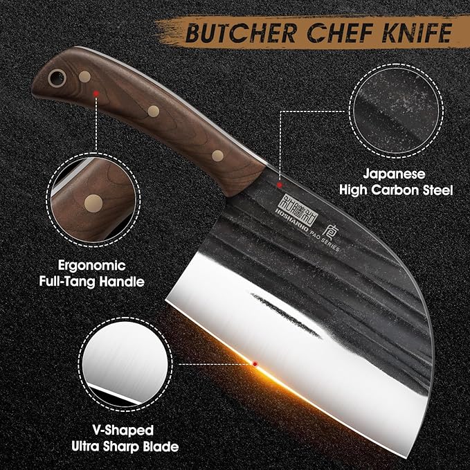 HOSHANHO 6.5 Inch Serbian Chef Knife, High Carbon Steel Meat Cleaver Knife for Meat Cutting, Handmade Forged Heavy Duty Butcher Knife with Full Tang for Home & Camping & BBQ Gift for Men