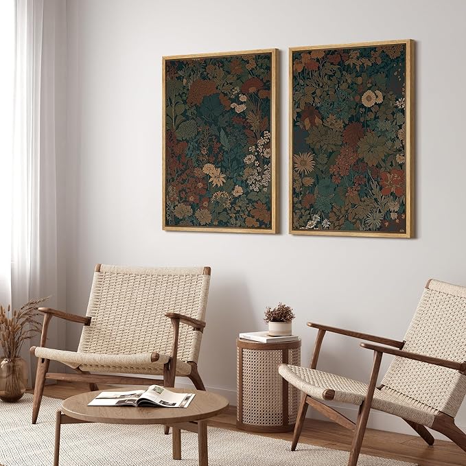 SIGNFORD Framed Canvas Print Wall Art Set Vintage Botanical Floral Dark Green and Rust Toned Illustration Modern Art Decorative Nordic Nature for Living Room, Bedroom, Office - 24"x36"x2 Natural