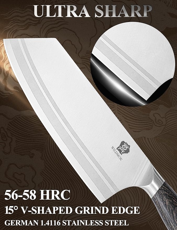 WILDMOK Meat Cleaver Knife 7.8 Inch, Ultra Sharp Chinese Chef's Knives - Kitchen Chopping Knife, German Steel & Ergonomic Handle for Meat Cutting Vegetable Slicing
