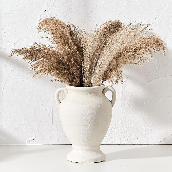 Ceramic Rustic Flower Vase with Handles, 8.46 Inch Tall Vintage Pottery Home Decor, Farmhouse Terracotta Vase for Living Room, Table, Shelf, Mantel Decoration, Farmhouse- White