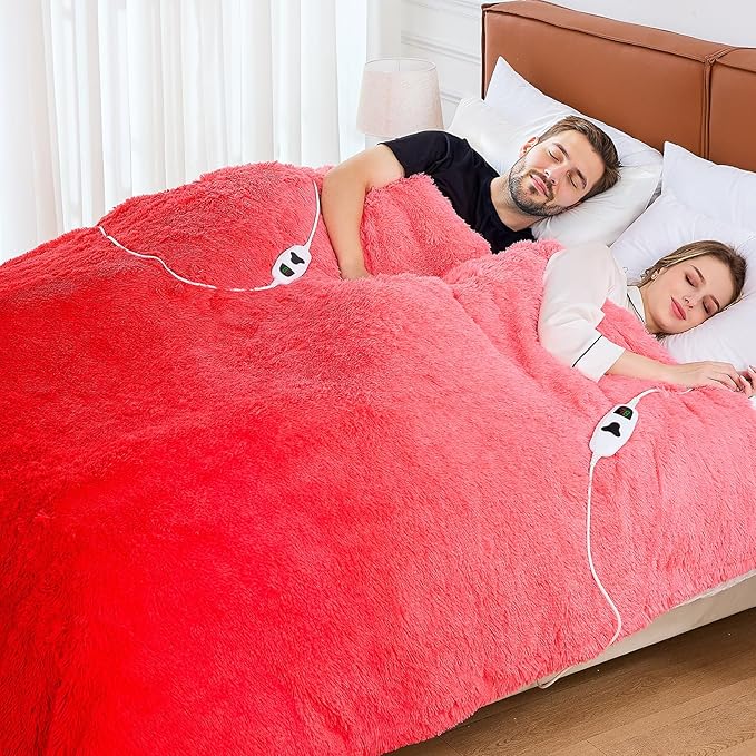 Heated Electric Blanket Queen,Warm Winter for Women Her Grandma–Faux Fur with Soft Sherpa,10 Heat Settings,5 Time Settings with Fast Heating,ETL 84x90, Ruby Wine