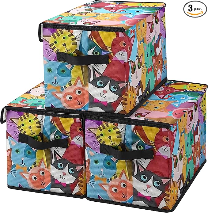 Stackable Clothes Storage Bins with Lids,Closet Organizers Fabric Cat Printing Box for Home and Office,Blanket Clothes Organizers,Under Bed Storage Containers 3 Pack.