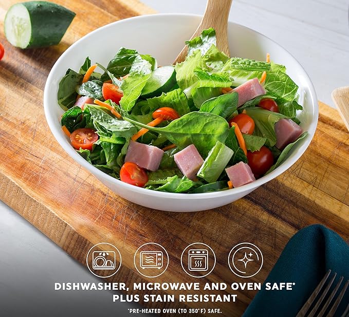 Corelle 4-Pc Meal Bowls Set Service for 4, Durable and Eco-Friendly 9-1/4-Inch Glass Bowls, Compact Stack Bowl Set, Microwave and Dishwasher Safe, White, 46 Ounces