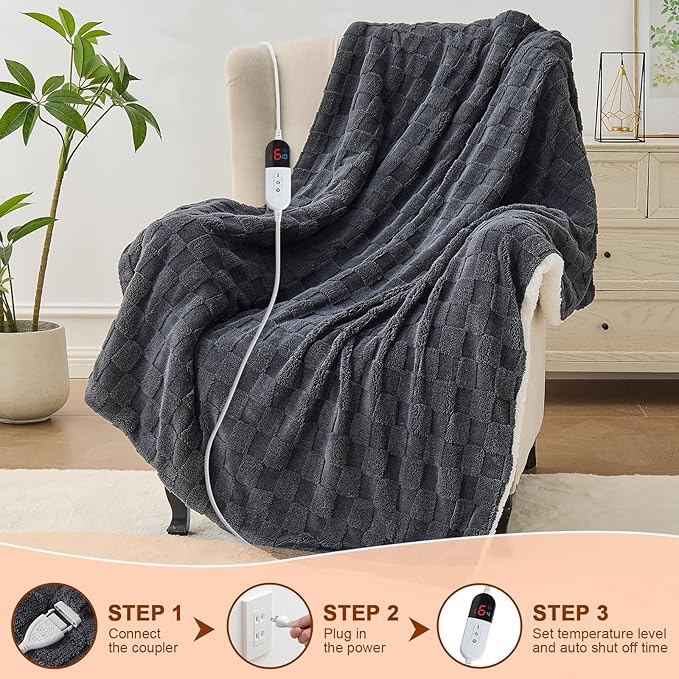 Electric Heated Blanket Queen Size Dual Control - Jacquard Checkered Sherpa 84"x90" Fast Heating Bed Blankets with 6 Heating Levels & 10 Hours Auto Off, Over-Heat Protection ETL, Dark Gray
