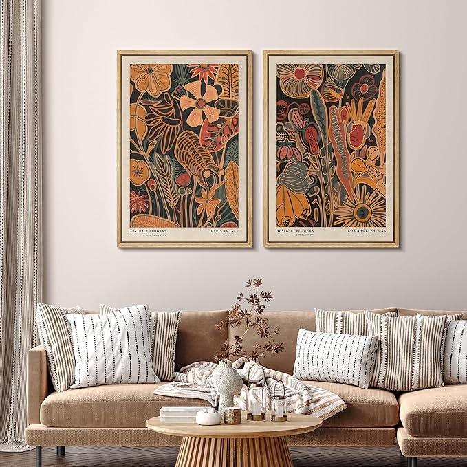 SIGNFORD Framed Canvas Print Wall Art Set Abstract Blossoms Vibrant Floral Illustration Modern Art Decorative Nordic Nature for Living Room, Bedroom, Office - 16"x24"x2 Natural