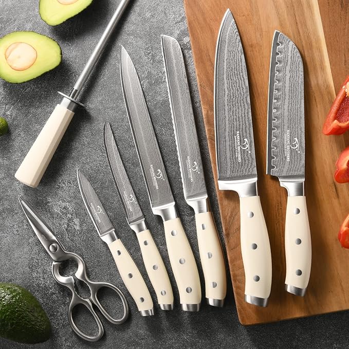 Knife Set, 14 Pieces Damascus Kitchen Knife Set with Block, ABS Ergonomic Handle for Chef Knife Set, Knife Sharpener and Kitchen Shears, Knife Block Set for Chopping, Slicing & Cutting