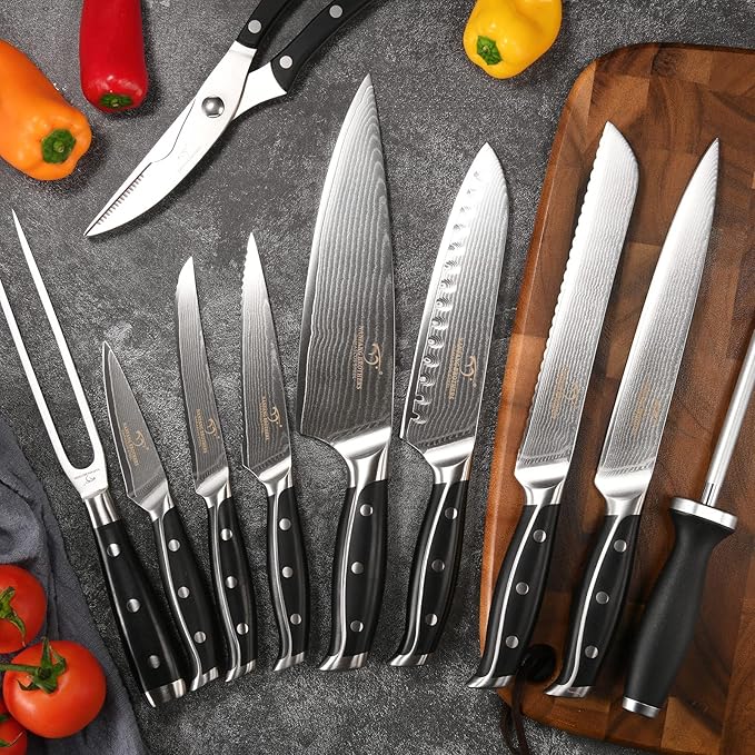 16-Piece Damascus Knife Set with Block - VG10 67-Layer Steel, Razor Sharp, Triple-Rivet Handles, 6 Steak Knives, Meat Fork, Sharpener & Scissors, Black