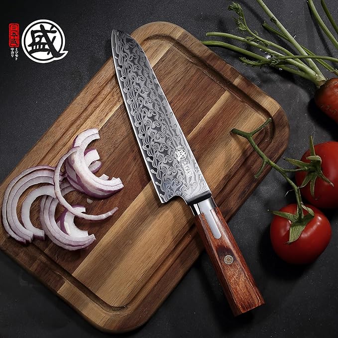 MITSUMOTO SAKARI Santoku Chef Knife 7 inch, S301 Powder Steel Damascus All-Purpose Kitchen Knife (Hand Forged)