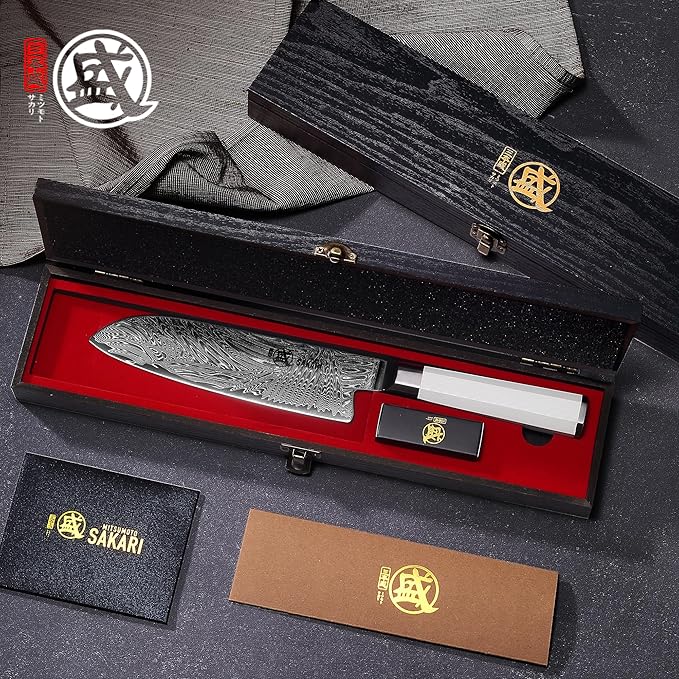 MITSUMOTO SAKARI Japanese Santoku Chef Knife, 8 Inch Kitchen Knife - Razor Sharp VG-Pro Steel Core, Precision Cutting for Meat & Veggies, Comfort Grip Ergonomic G10 Handle