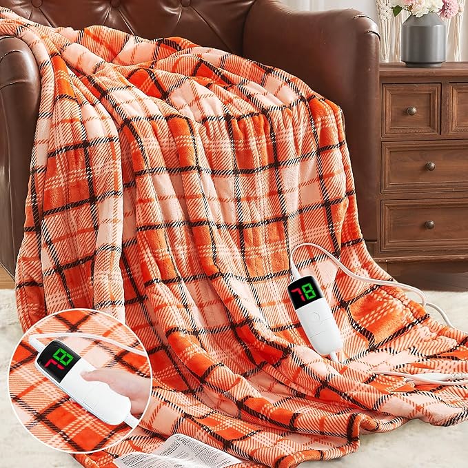 Heated Electric Blanket Full Size,72X84 Heating Blanket,Orange Plaid Soft Sherpa Blankets Warmer Gift for Grandma Women Adult,Fast Heating Washable,ETL