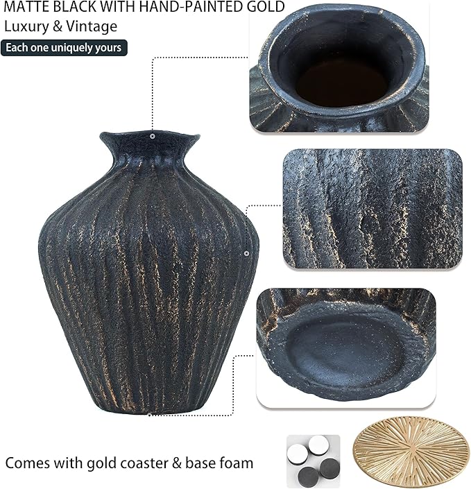 Black Ceramic Vase 7.95 Inch – Handmade with Hand-Painted Gold Detailing – Sculptural Art Decor for Modern Minimalist Home – Organic Tabletop Flower Vase for Living Room or Shelf