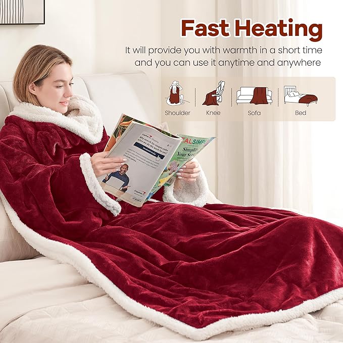 Heated Blanket Wearable Electric Blanket with Foot Pocket and Sleeves, Heating Throw Blanket, Electric Snuggle Blankets, 6 Heating Levels Setting & 4 Hours Auto Shut Off, Machine Washable (Long, Wine)