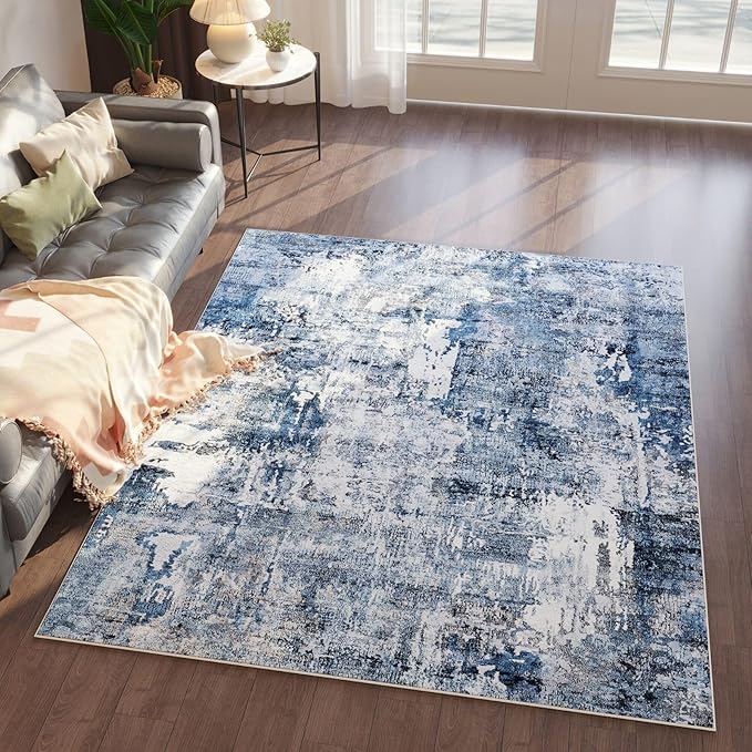 Rugcomf 4x6 Rug Washable Boho Soft Area Rug Abstract Pattern Non-Slip Faux Wool Vintage Rug for Living Room, Bedroom Rug, Farmhouse, Dining Room, Indoor, Kids Playroom, Blue