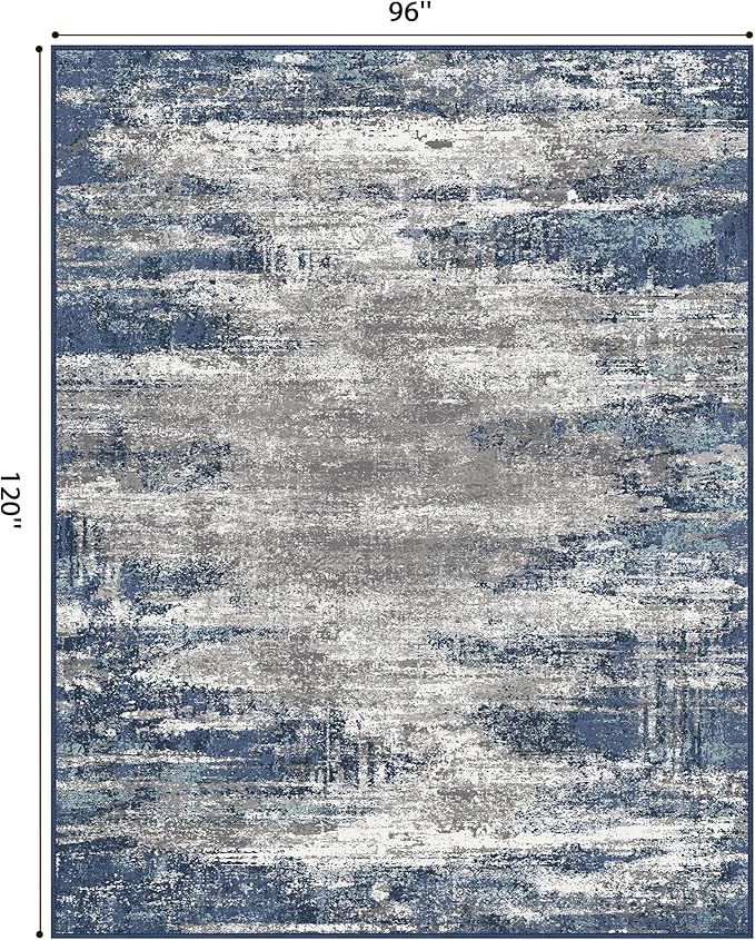 GENIMO 8x10 Area Rugs, Machine Washable Rugs for Living Room, Non Slip Indoor Modern Rug,Low Pile Lightweight Blue Print Carpet for Bedroom Dining Room Home Office, Blue Ivory