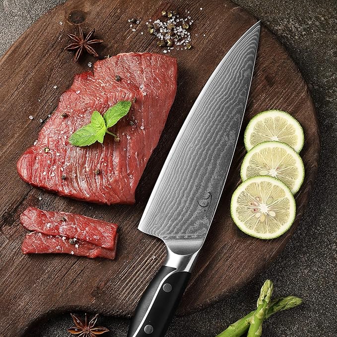 18 Pieces Damascus Kitchen Knife Set, 8 Piece Steak Knives, Non-slip ABS Ergonomic Triple Rivet Handle for Meat Fork, Knife Sharpener and Shears, 17 Slots Fraxinus Manchuria Knife Block (Grey)