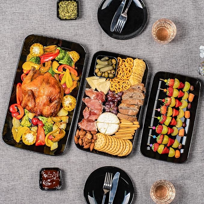 DELLING Large Serving Platter, 16/14/12inch Black Serving Tray Set- Rectangular Serving Platters for Party, Entertaining, Turkey Platter for Thanksgiving, Christmas, Microwave Dishwasher Oven Safe