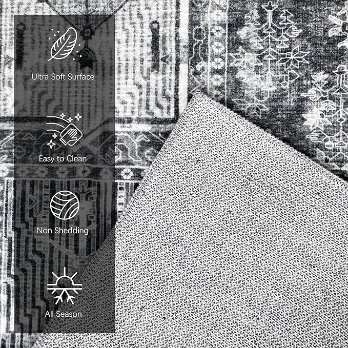 Vintage 3' x 5 ' Washable Area Rug - Stylish Indoor Rug for Living, Dining or Bedroom - Lightweight Carpet with Non-Slip Backing - Foldable for Easy Placement and Maintenance - Grey