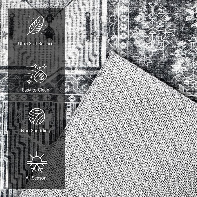 Vintage 8' x 10' Washable Area Rug - Stylish Indoor Rug for Living, Dining or Bedroom - Lightweight Carpet with Non-Slip Backing - Foldable for Easy Placement and Maintenance - Grey