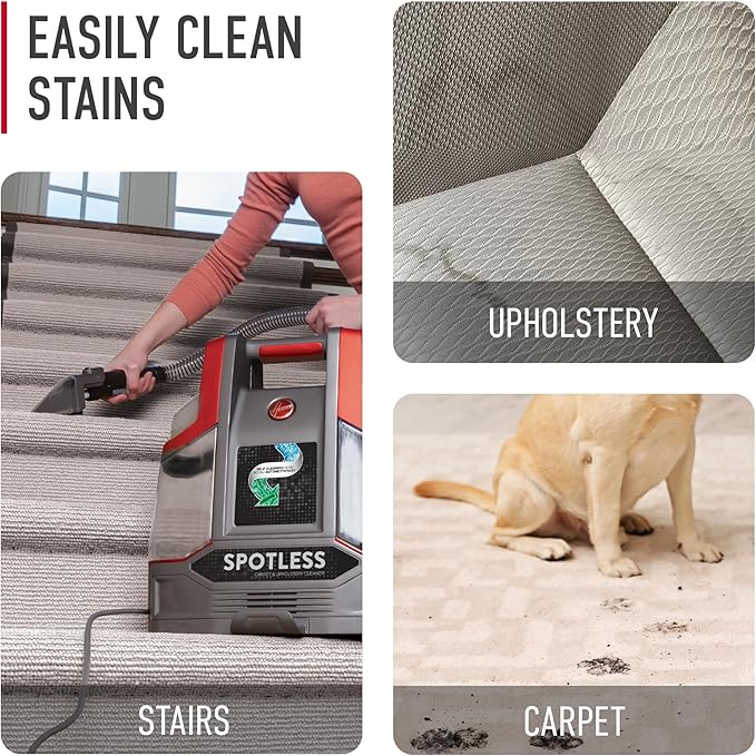 Hoover Spotless Portable Carpet + Upholstery Spot Cleaner Machine, Lightweight Shampooer Machine, Pet Stain Remover, Car and Auto Detailer, Pair with Hoover Carpet Cleaner Solution