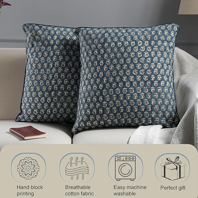 Ridhi Modern Farmhouse Pillow Covers Decorative Cotton Throw Pillow Covers Set of 2 Peacock Blue Cushion Covers for Boho Couch Sofa Bed Living Room Spring Home Decor 16x16