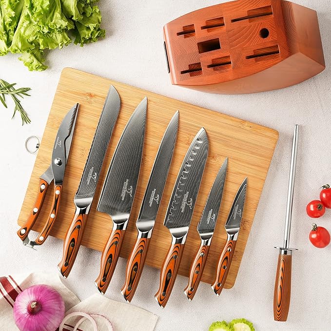Damascus Kitchen Knife Set, 9-Piece Knives Set for Kitchen with Block, Non-slip G10 Ergonomic Triple Rivet Handle for Chef Knives, Knife Sharpener and Kitchen Shears, Natural Wood Block (Red)